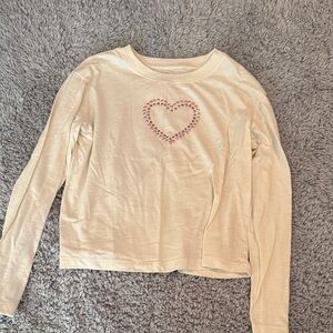 Cat & Jack Cream Long Sleeve Top with Pink Heart Rhinestones